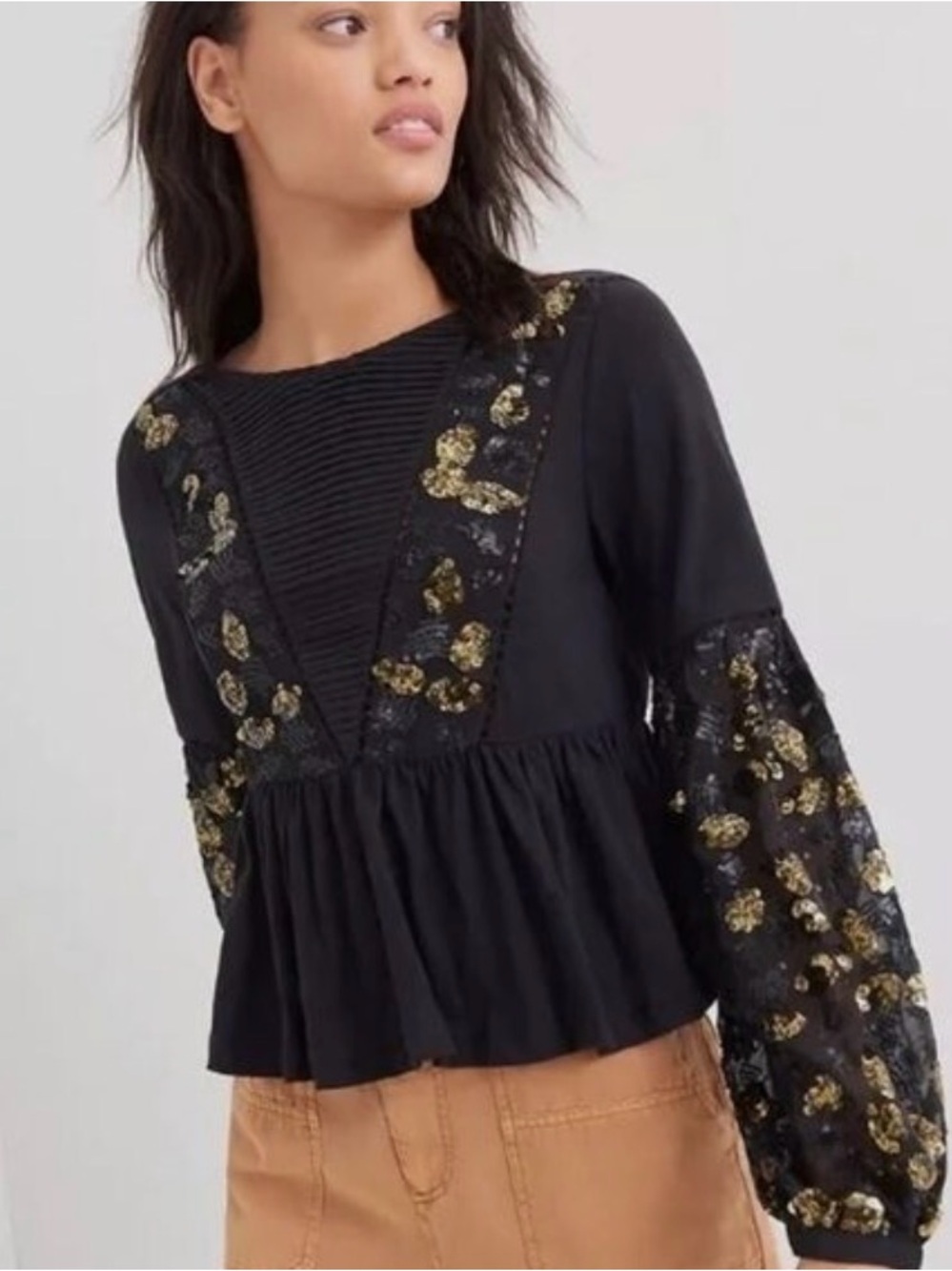 Anthropologie Black Blouse with Gold Sequin Embellishment